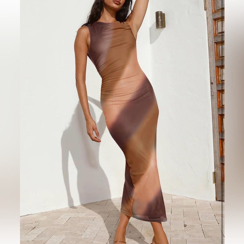 Brown Ombre Sleeveless Midi Dress